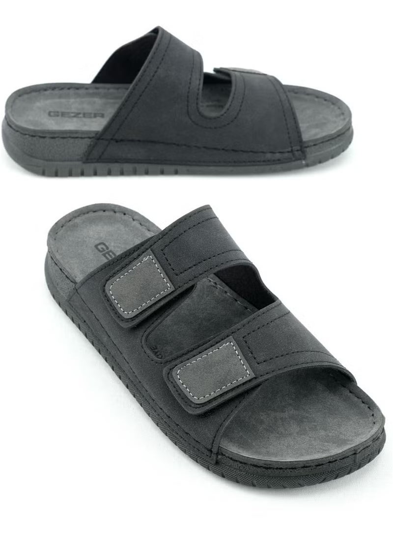 Gezer Summer Men's Artificial Leather Comfortable Insole with Two Velcro Belts Adjustable Daily Slippers - Image 2